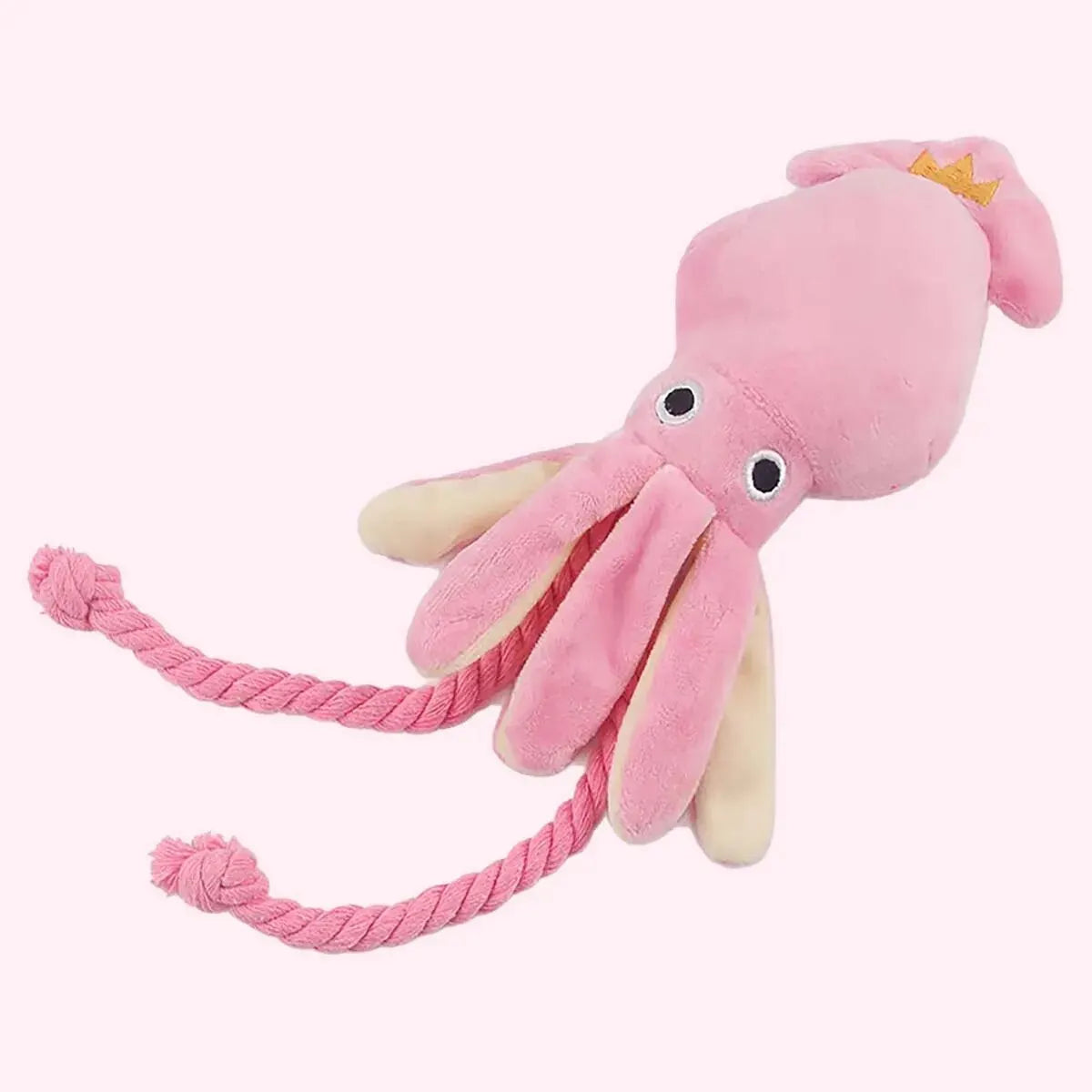🐾 Hundleksak – Rosa Plyschbläckfisk med Repsvans